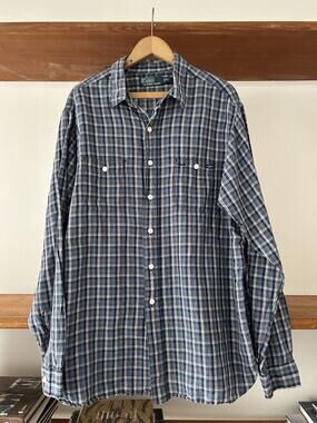 Men’s Polo Ralph Lauren Button Up Work Shirt Plaid Linen Cotton Blue White XL